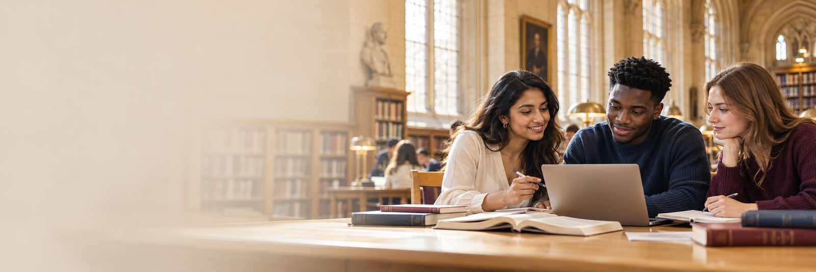 Students collaborating over books and a laptop in a university library