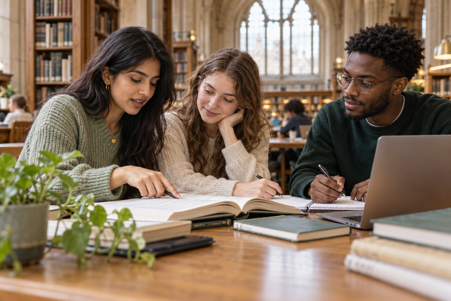 Students discussing ideas in a university library